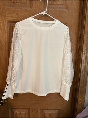 SHEIN White Long Sleeve Lace-Sleeve Knit Top